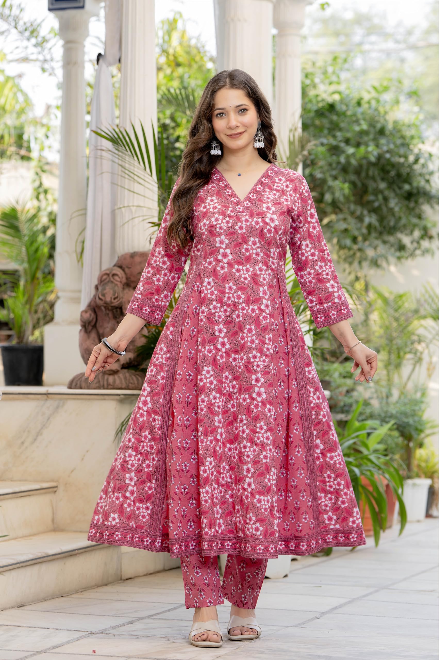 Aradhika Women's Pure Cotton Printed Anarkali Kurta with Pants and Dupatta | 3 Pieces Ethnic Wear for Women | Casual, Festive & Dailywear | Soft & Breathable Kurta Suit Set - (Pink, XX-Large)