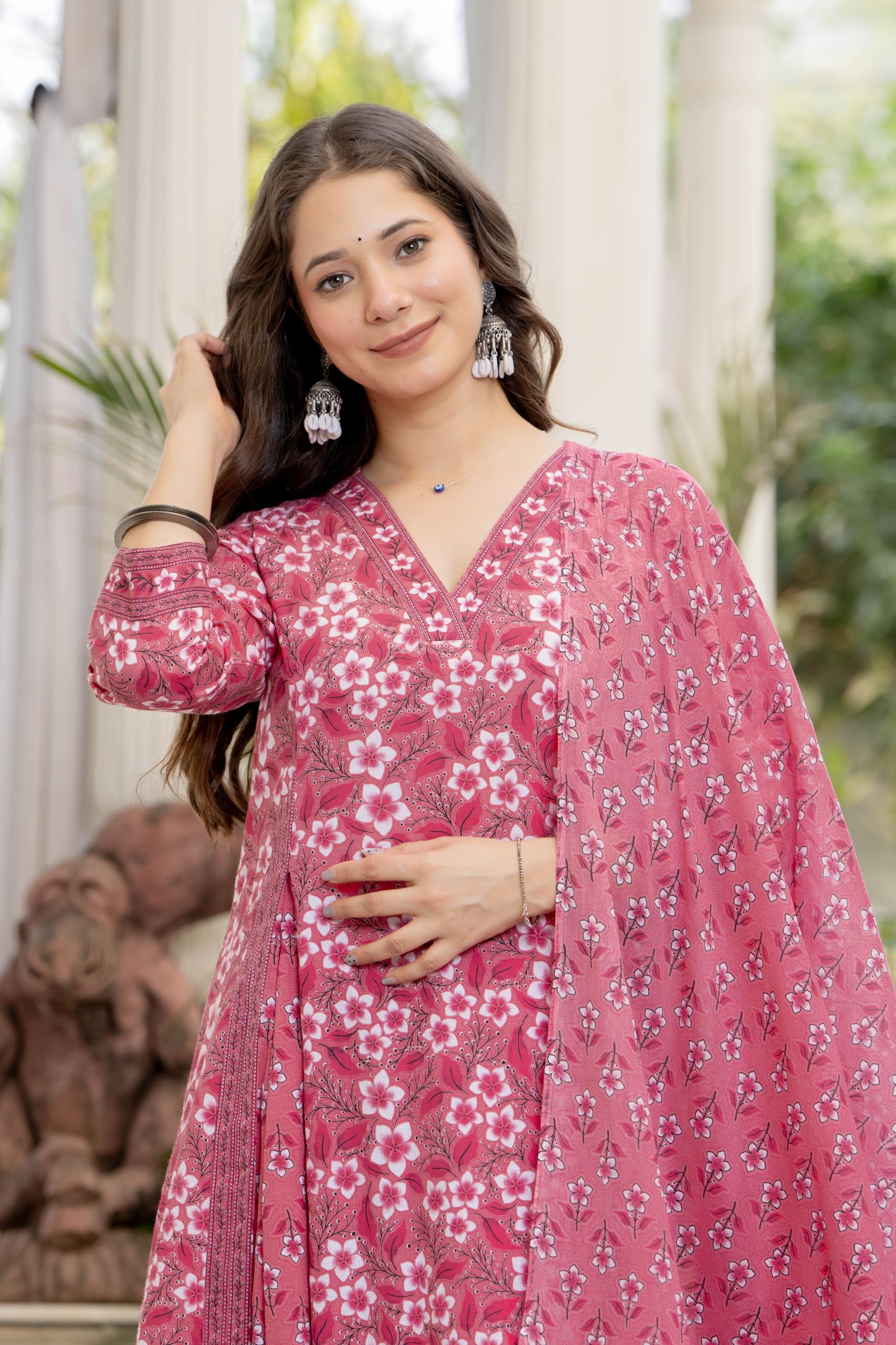Aradhika Women's Pure Cotton Printed Anarkali Kurta with Pants and Dupatta | 3 Pieces Ethnic Wear for Women | Casual, Festive & Dailywear | Soft & Breathable Kurta Suit Set - (Pink, XX-Large)