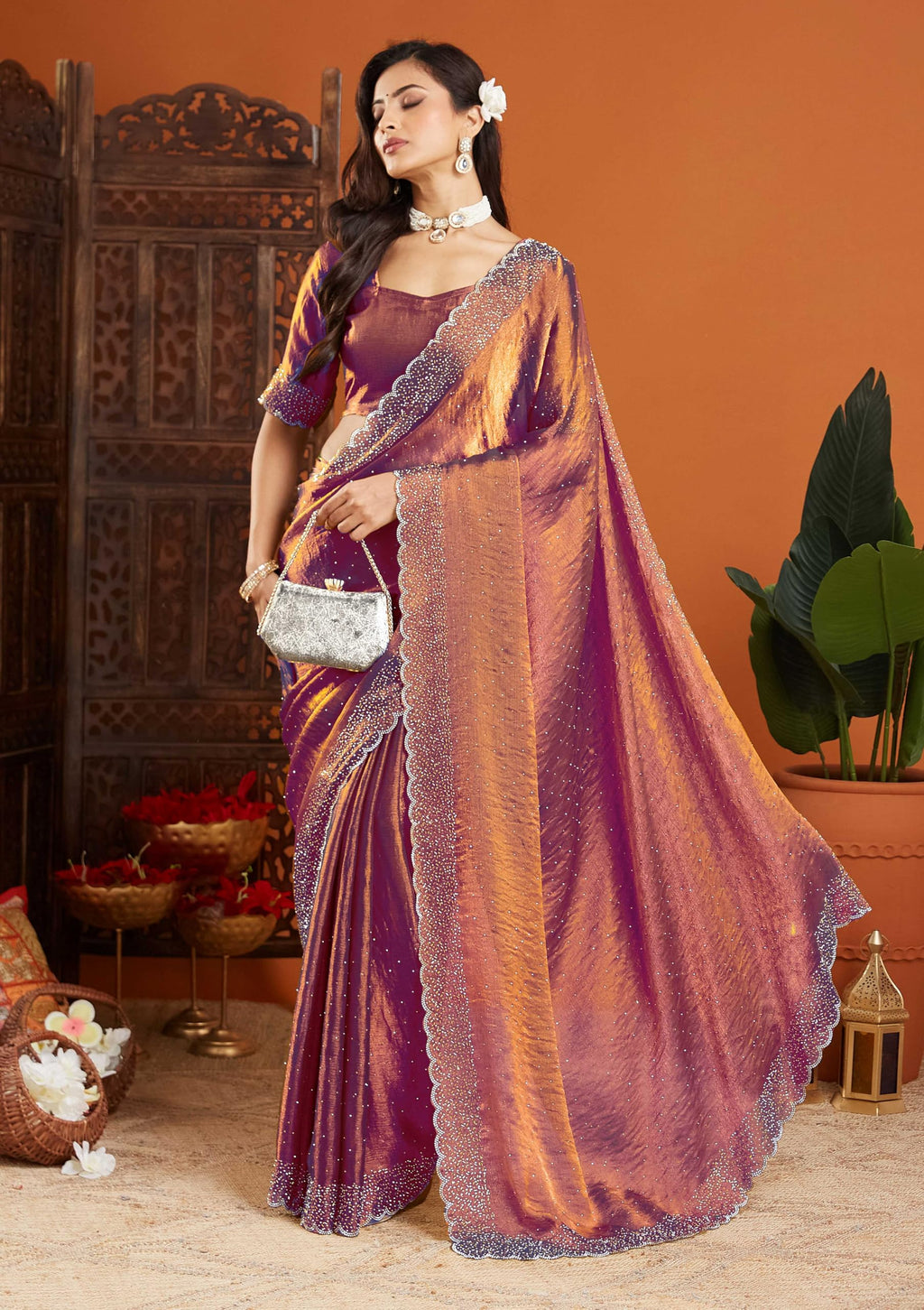 sadika fendy Chiffon Silk Saree with Scallop Beaded Border | Hand Embellished Party Fancy Festival Wedding Bollywood Style Saree with Matching Blouse (Chocolate)