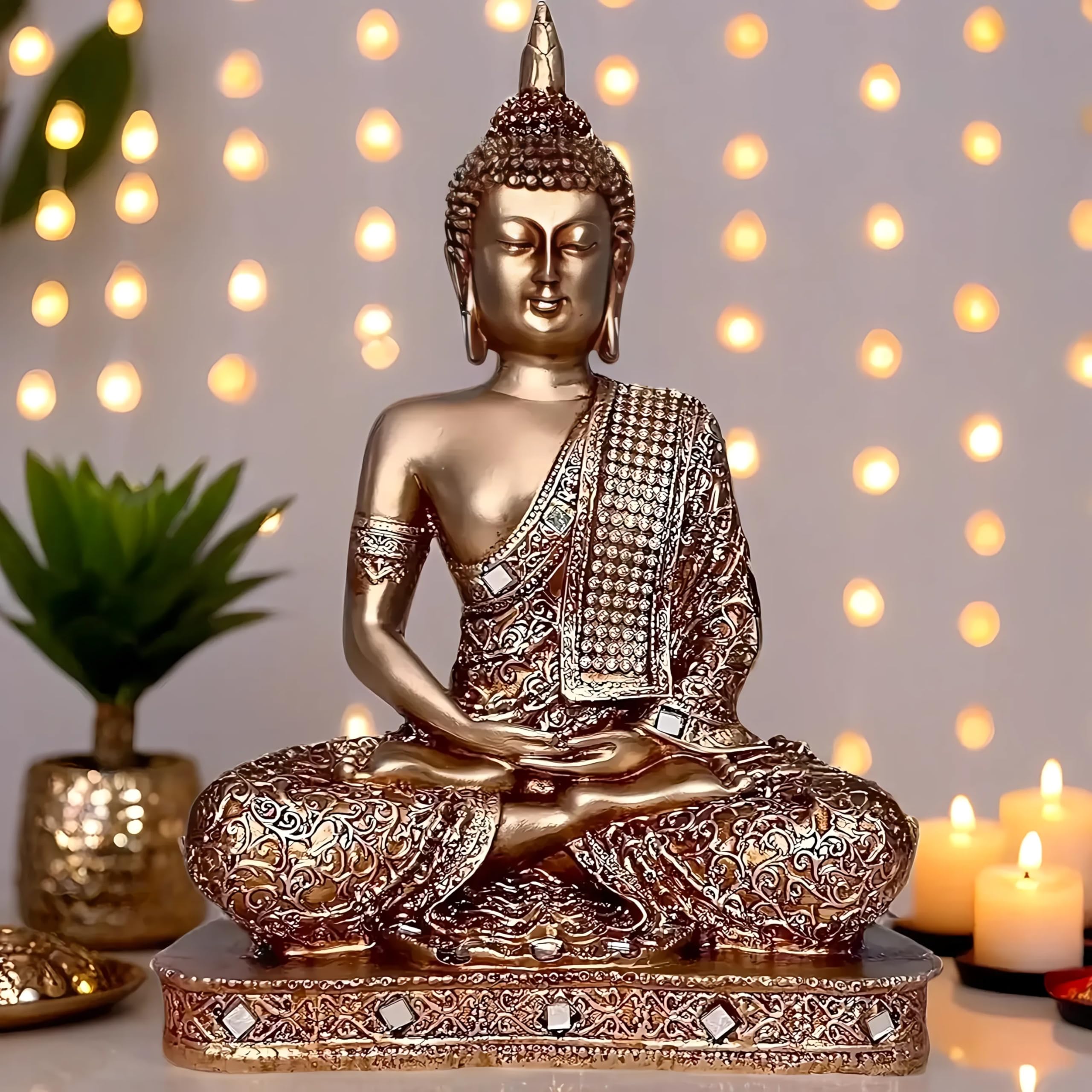 Global Grabbers New 25 Centimetre Meditating Sitting Buddha Statue showpiece Idol Home Decor Items for Living Room and Gifts (Golden2)