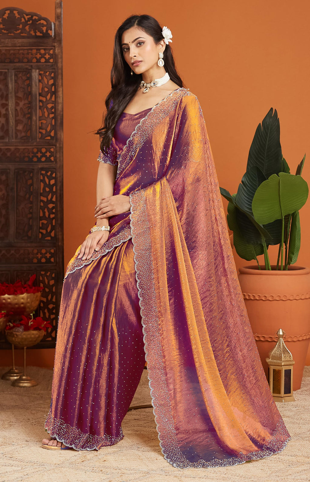 sadika fendy Chiffon Silk Saree with Scallop Beaded Border | Hand Embellished Party Fancy Festival Wedding Bollywood Style Saree with Matching Blouse (Chocolate)