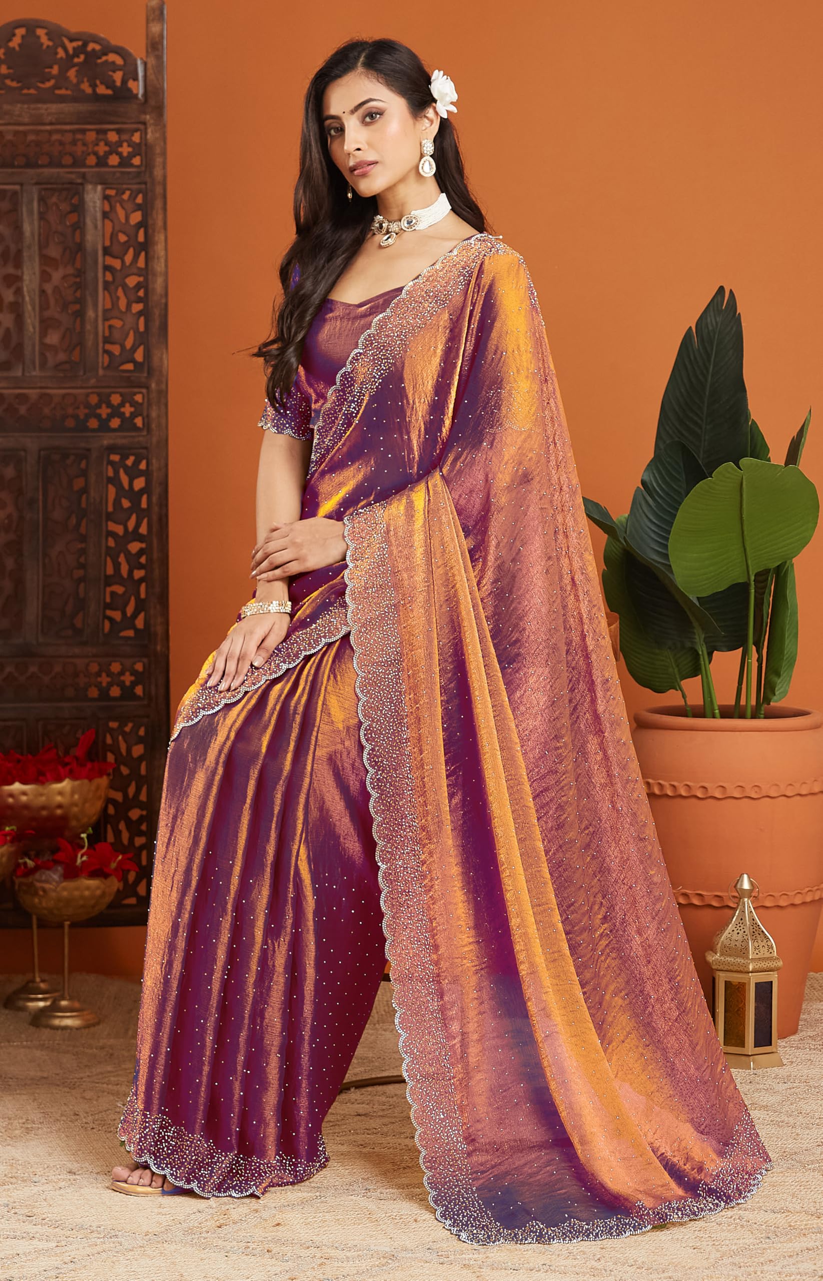sadika fendy Chiffon Silk Saree with Scallop Beaded Border | Hand Embellished Party Fancy Festival Wedding Bollywood Style Saree with Matching Blouse (Chocolate)