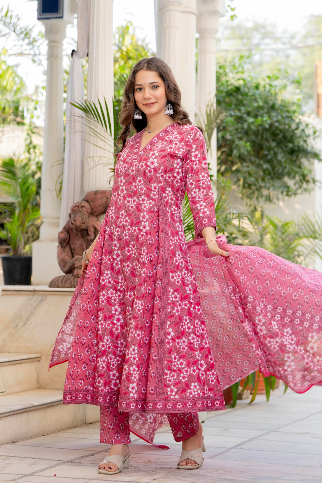 Aradhika Women's Pure Cotton Printed Anarkali Kurta with Pants and Dupatta | 3 Pieces Ethnic Wear for Women | Casual, Festive & Dailywear | Soft & Breathable Kurta Suit Set - (Pink, XX-Large)