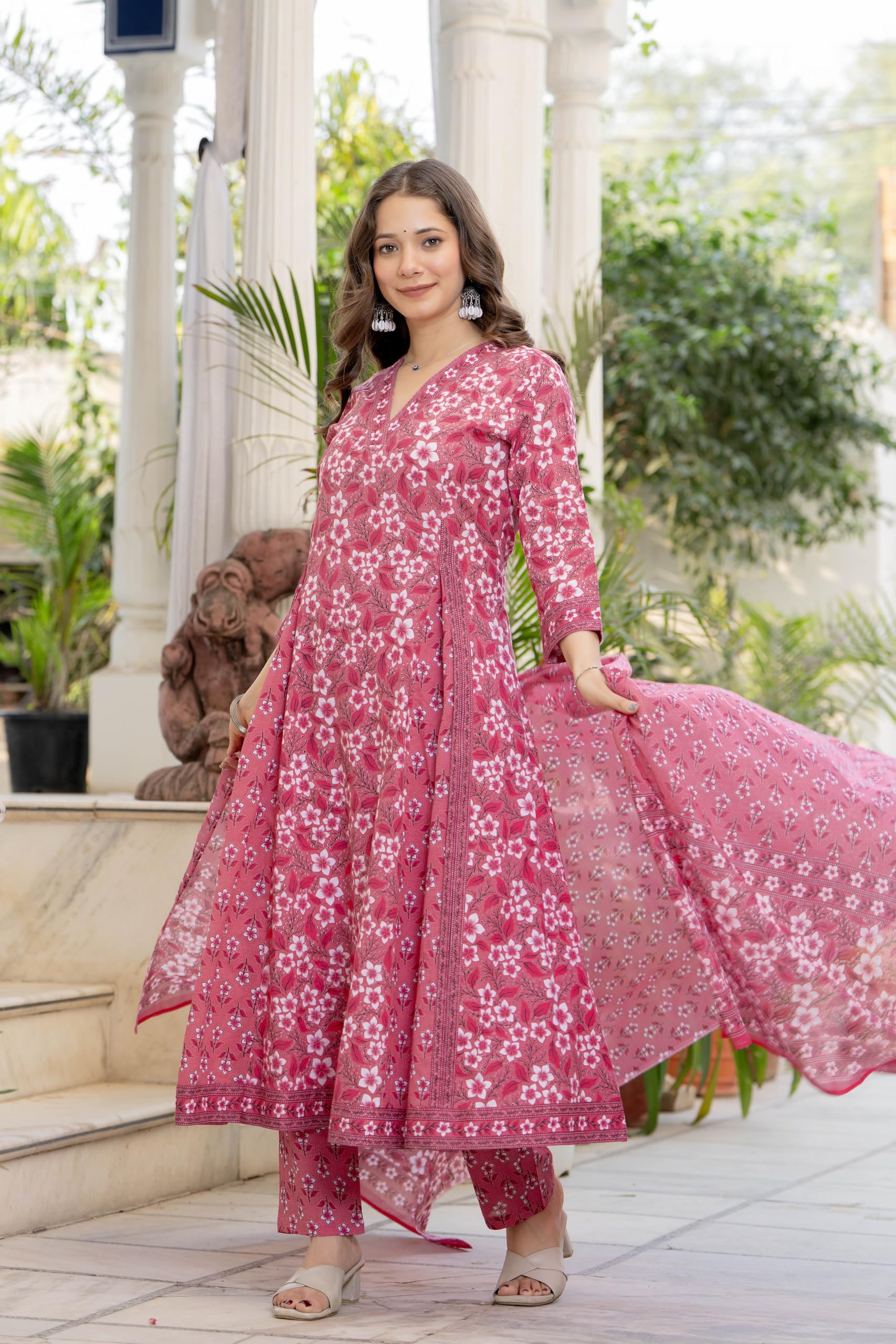 Aradhika Women's Pure Cotton Printed Anarkali Kurta with Pants and Dupatta | 3 Pieces Ethnic Wear for Women | Casual, Festive & Dailywear | Soft & Breathable Kurta Suit Set - (Pink, XX-Large)
