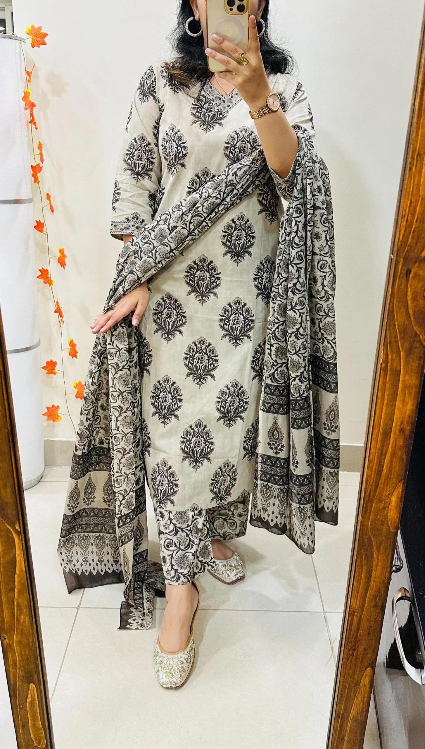 ANNI Designer Women's Viscose Blend Straight Printed Kurta with Pant & Dupatta (Makram Cream_L_Cream_Large)