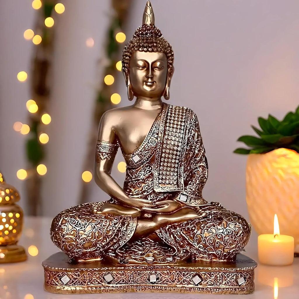 Global Grabbers New 25 Centimetre Meditating Sitting Buddha Statue showpiece Idol Home Decor Items for Living Room and Gifts (Golden2)