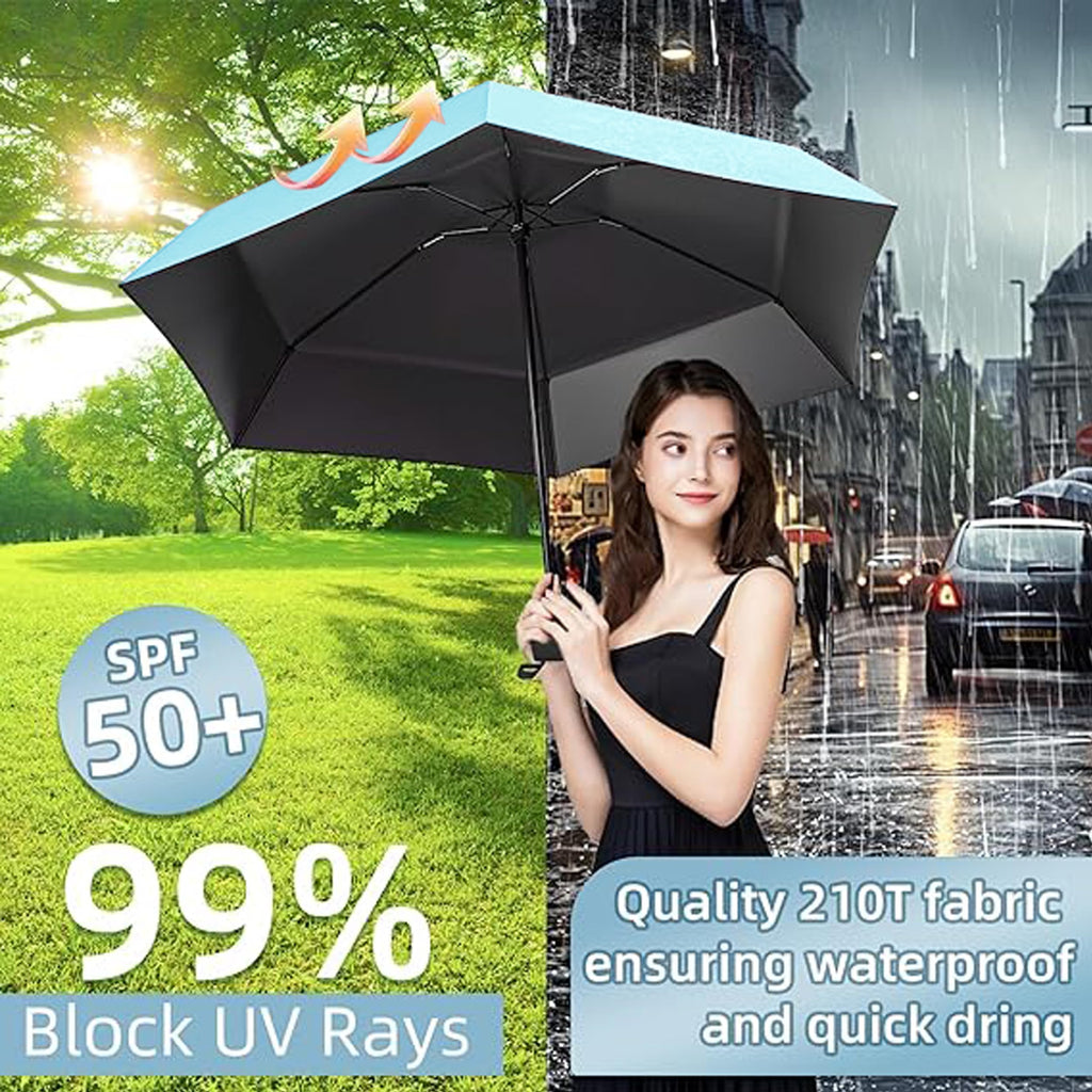 REXERA UV Travel Mini Folding Ultra Compact pastel Umbrella with Case, Manual Open 6 Ribs Lightweight Portable, Small Sun & Rain Pocket Umbrella for Men and Women- Use in Rain & Summer (Skyblue)