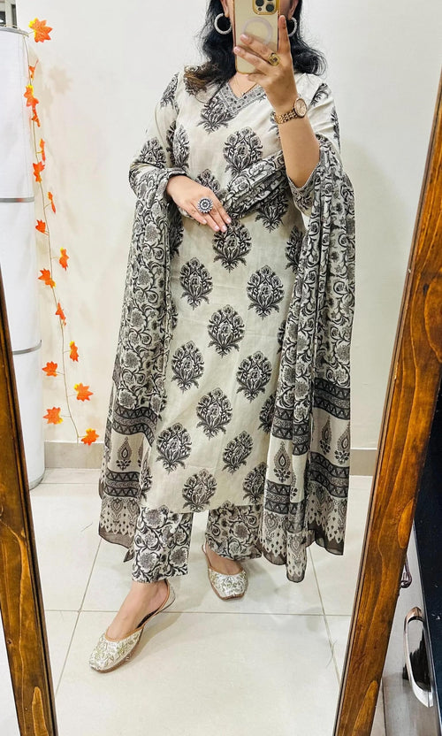 ANNI Designer Women's Viscose Blend Straight Printed Kurta with Pant & Dupatta (Makram Cream_L_Cream_Large)
