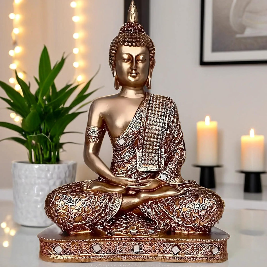 Global Grabbers New 25 Centimetre Meditating Sitting Buddha Statue showpiece Idol Home Decor Items for Living Room and Gifts (Golden2)