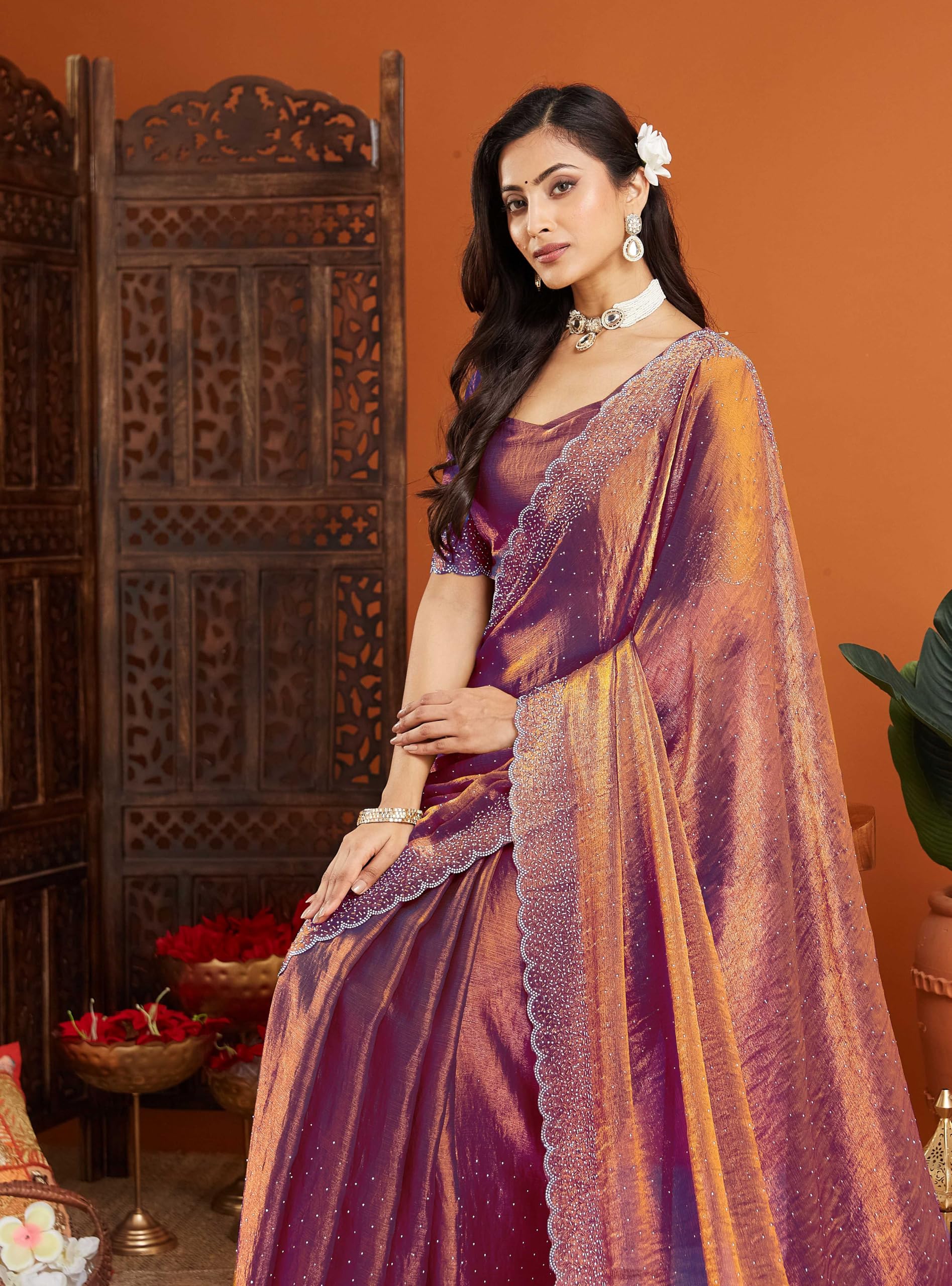 sadika fendy Chiffon Silk Saree with Scallop Beaded Border | Hand Embellished Party Fancy Festival Wedding Bollywood Style Saree with Matching Blouse (Chocolate)