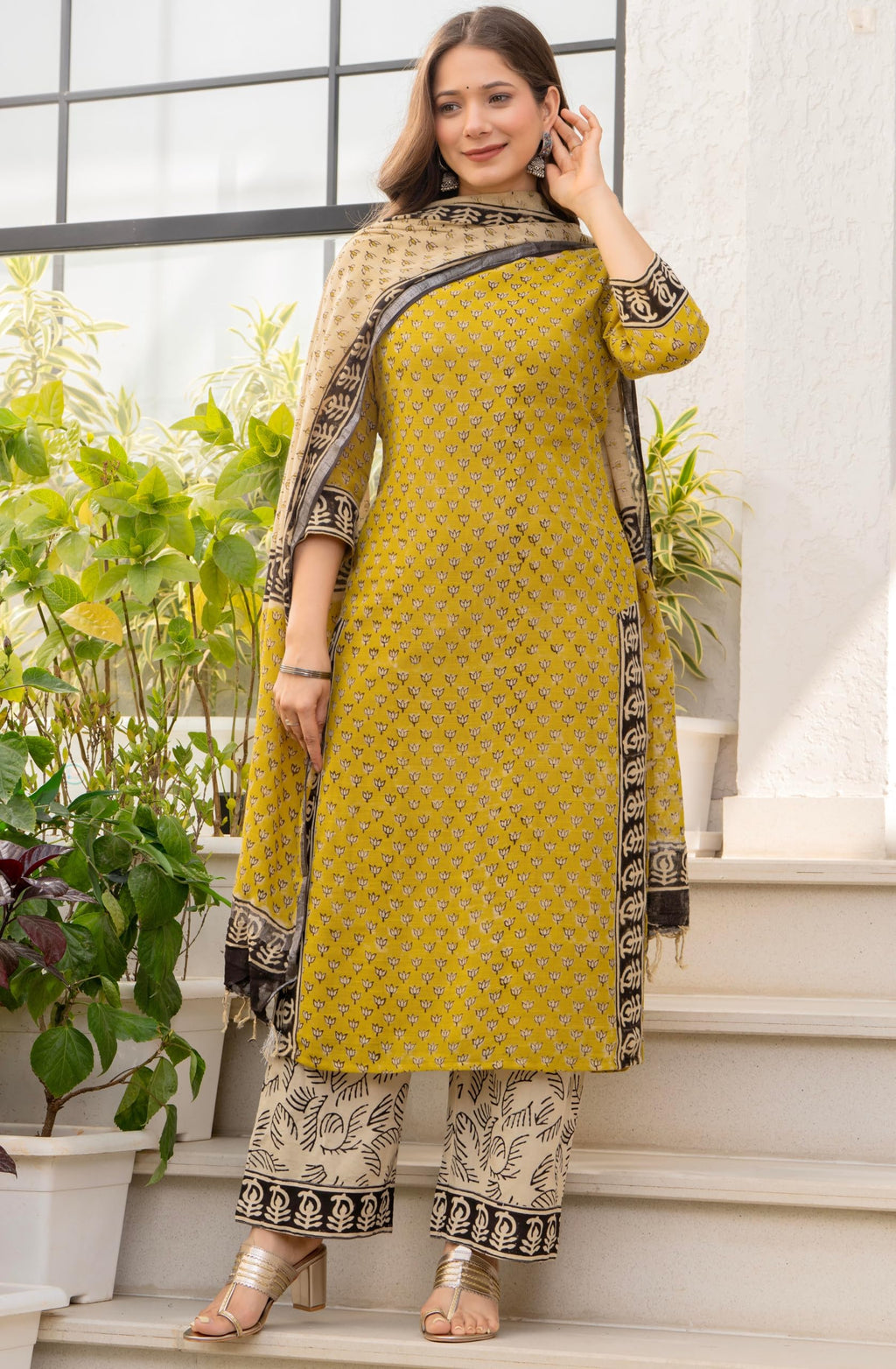 Amayra Women's Pure Cotton Straight Kurta Set with Palazzo Pants & Dupatta|Ethnic wear|Kurta Set for Women(TCK737-N,Yellow,S)