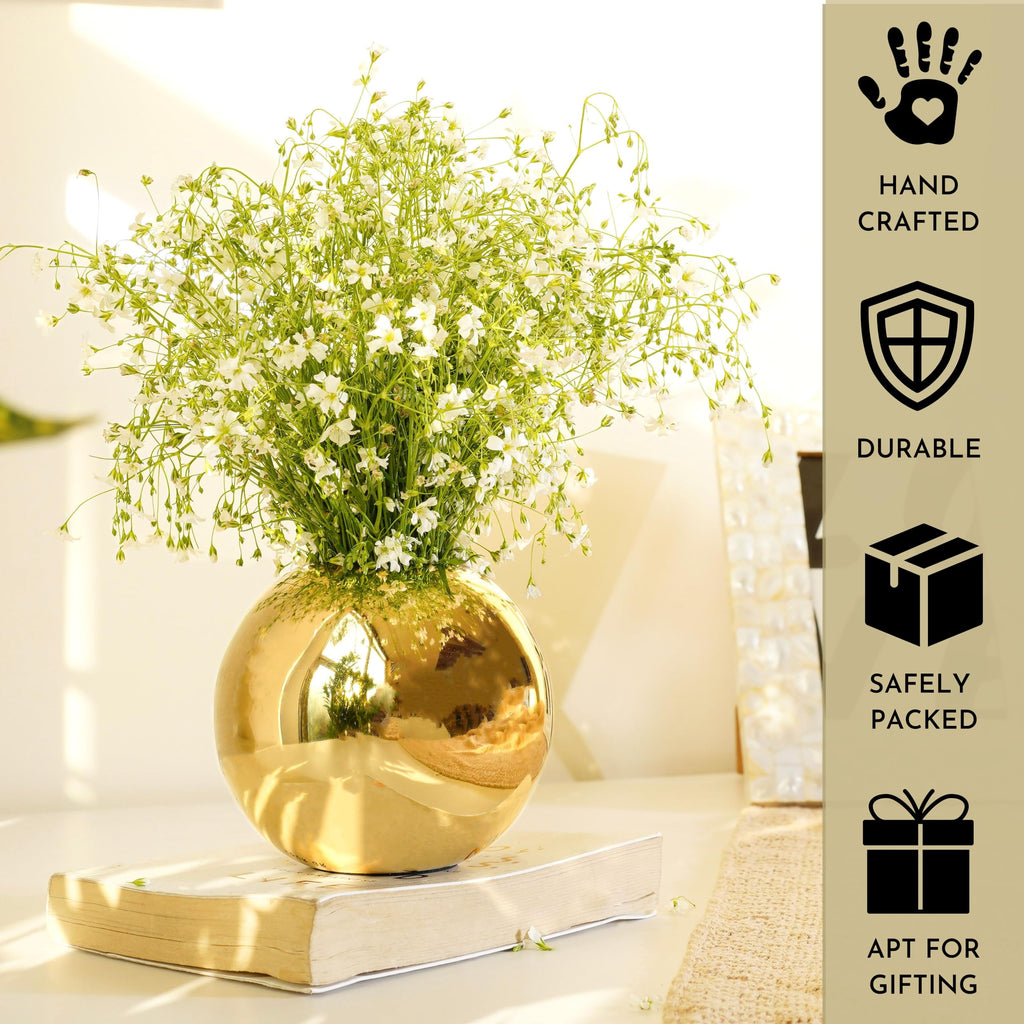 BEHOMA Metal Ball Round Metal Vase for Home Décor | Table Decorative Flower Pot for Valentine’s Day | Perfect Couple Gift for Wedding, Anniversary, Birthday | Gold, Small (Flower Not Included)