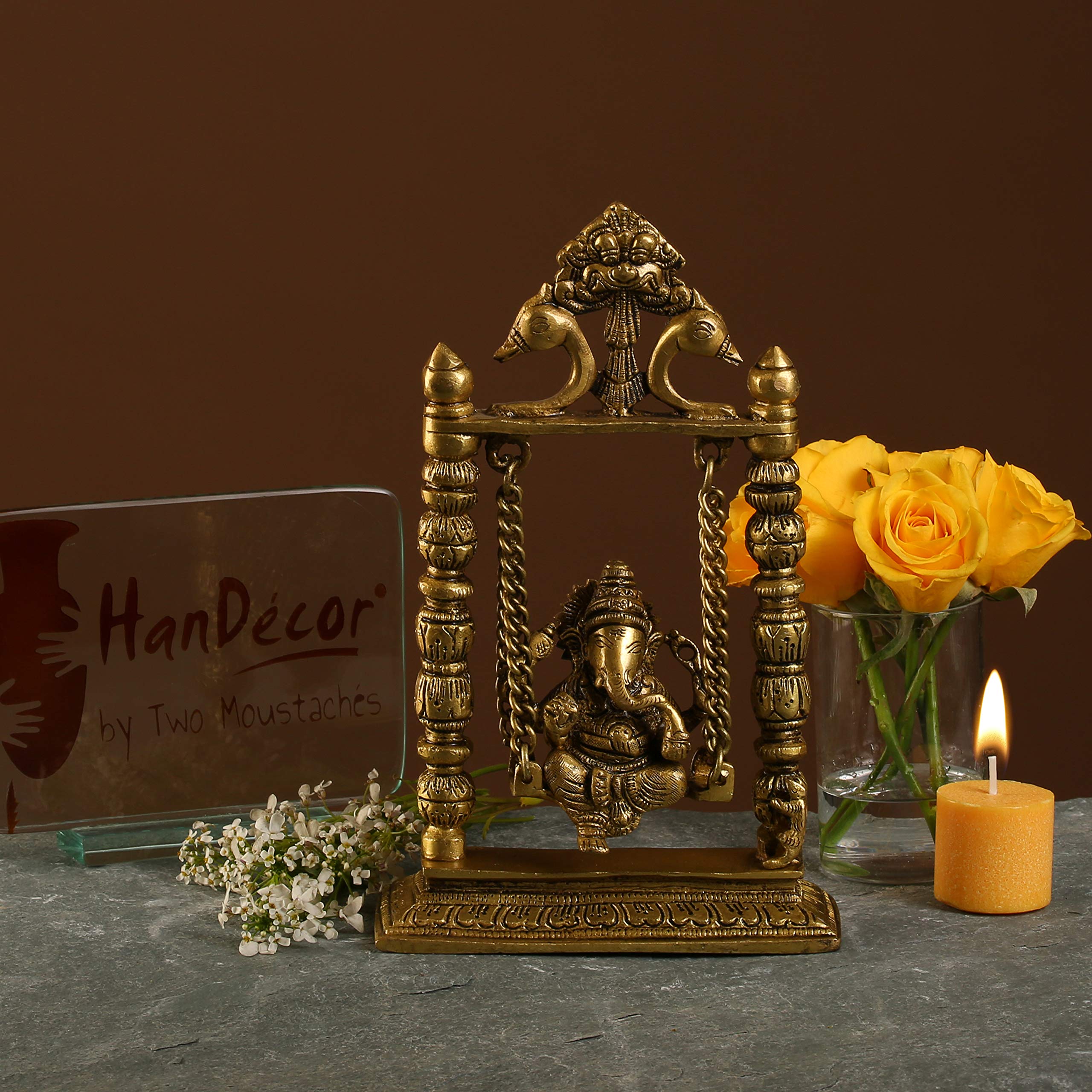Two Moustaches 100% Pure Brass Ganesha on Swing Jhoola Showpiece, Brass Ganesha Jhula for Home Decor, Brass Temple Decor, Weight - 1.5 Kg, Standard, Antique Yellow, Pack of 1