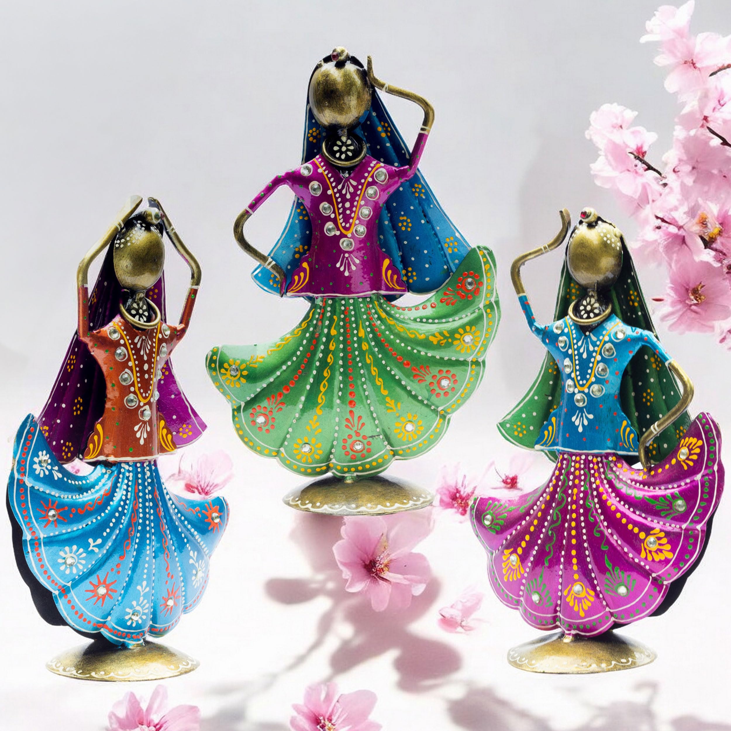 KRAFTSKALA Set of 3 Metal Figurine Dancers Home Decor Item for Living Room, Bedroom, Wedding Festive Housewarming Gift Showpiece Rajasthani Dancing Dolls