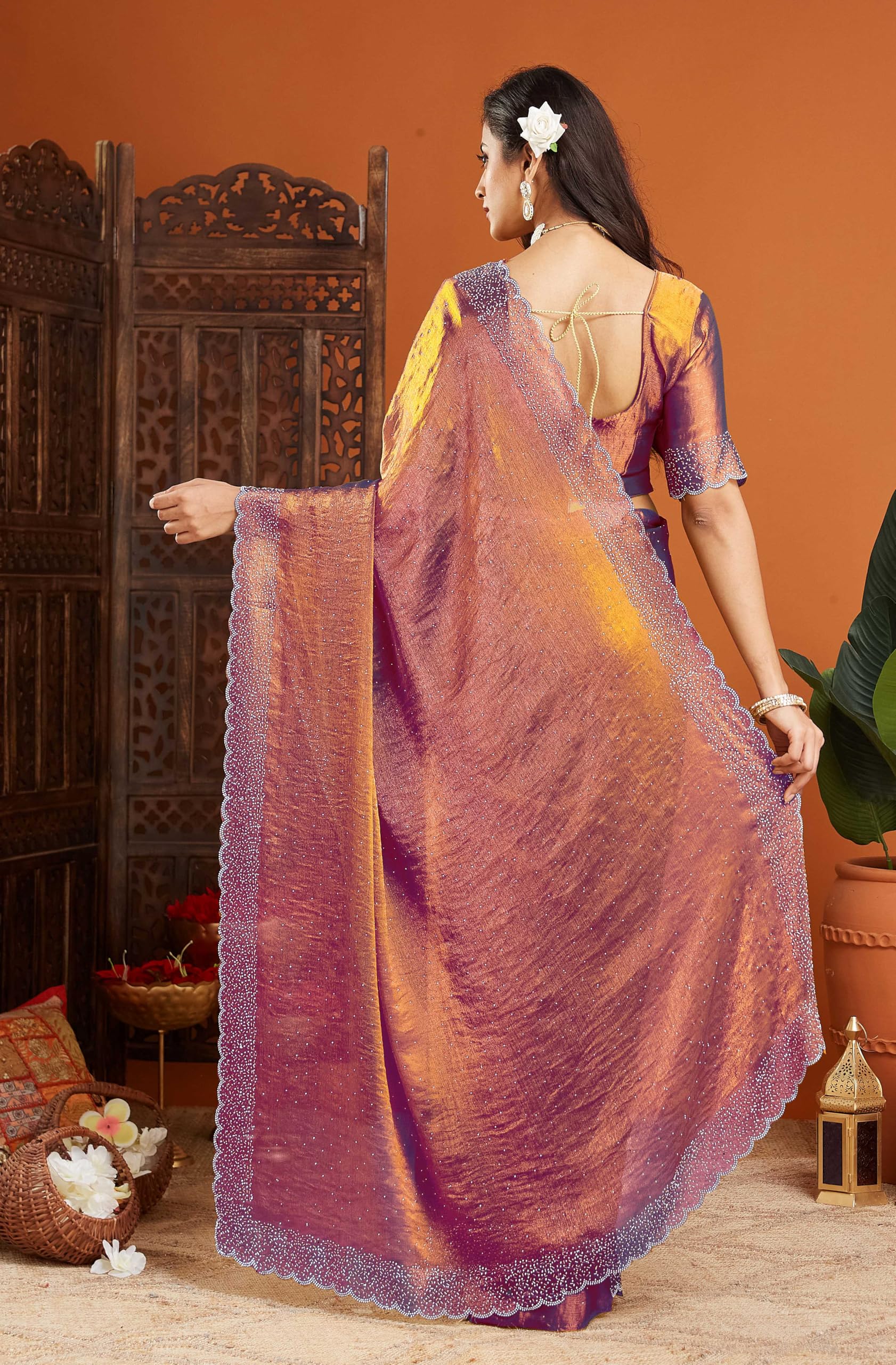 sadika fendy Chiffon Silk Saree with Scallop Beaded Border | Hand Embellished Party Fancy Festival Wedding Bollywood Style Saree with Matching Blouse (Chocolate)