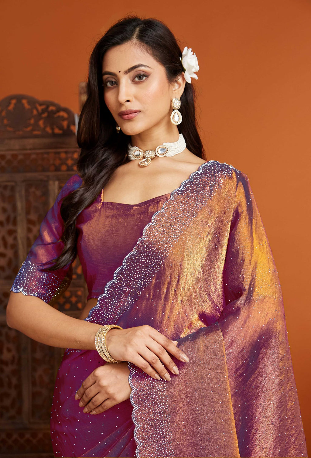 sadika fendy Chiffon Silk Saree with Scallop Beaded Border | Hand Embellished Party Fancy Festival Wedding Bollywood Style Saree with Matching Blouse (Chocolate)