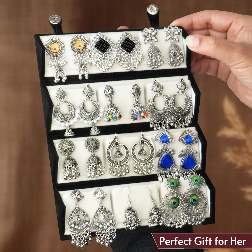 The Wallet Store Ishq-E-Jhumka Oxidized Designer Earrings Set of 12 With Folding Jewelry Box | Minimalist & Traditional Jhumka Set for Womens & Girls