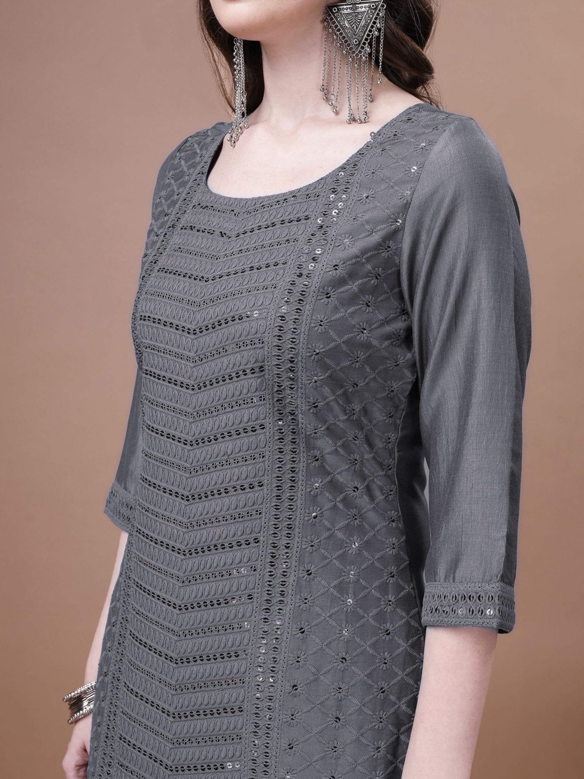 SHOPPING QUEEN Women's Silk Chikankari Kurta Pant with Dupatta (A526_Dim Grey_M)