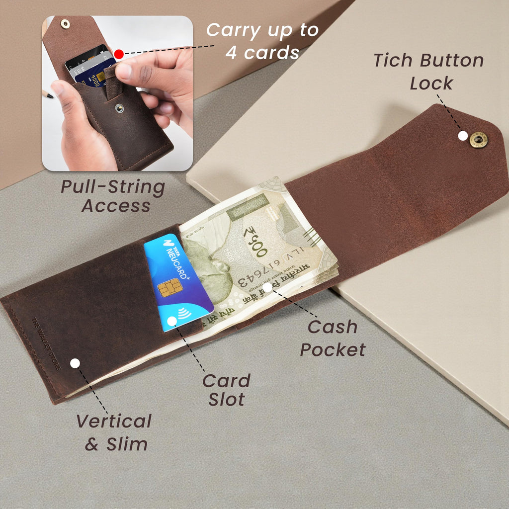 The Wallet Store Flip Genuine Leather Vertical Slim Wallet for Men | Pull-String Quick Card Access | Compact Front Cash Pocket & Button Lock | Minimalist Travel & Daily Carry Wallet (Brown)