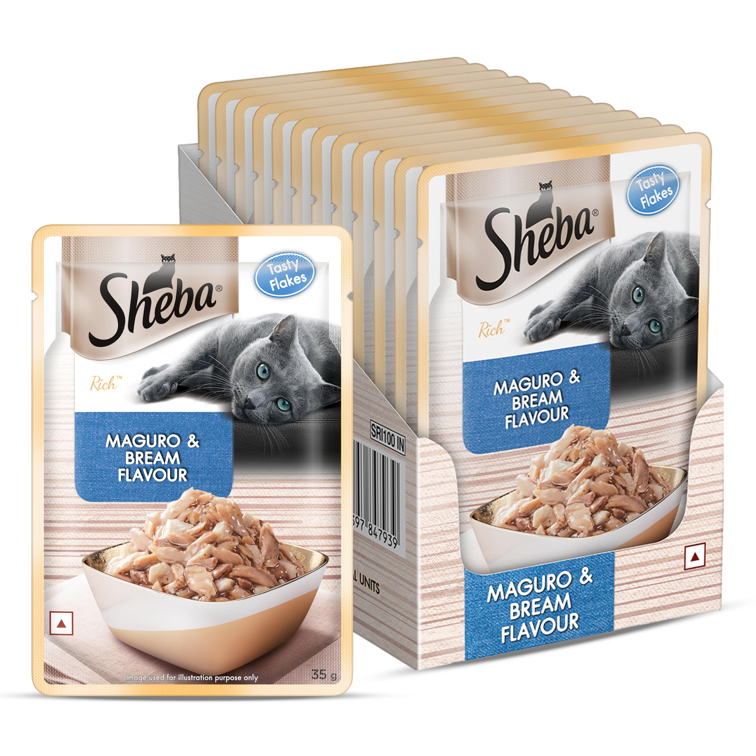 Sheba Rich Premium Adult (1+ Years) Wet Cat Food, Maguro & Bream Flavour, 35 g Pouch (Pack of 12), High-moisture wet food for healthy hydration