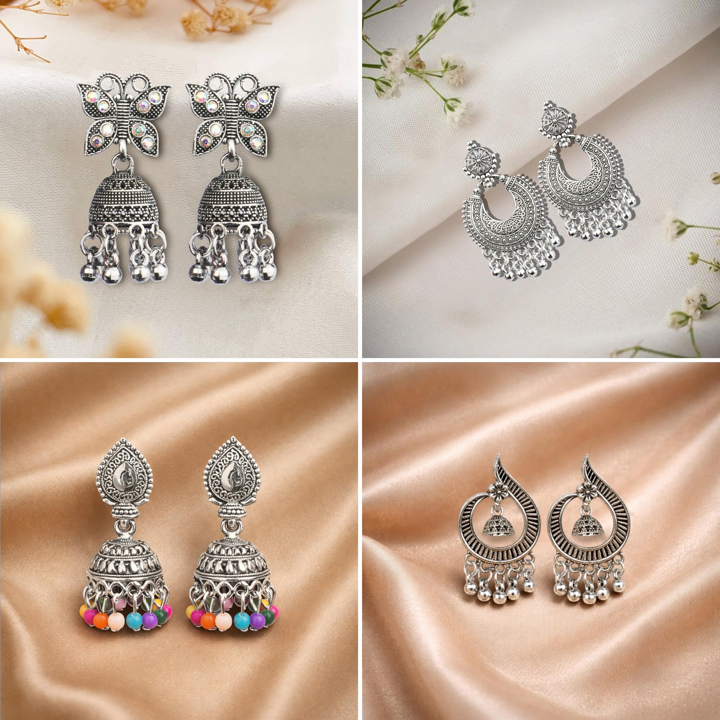The Wallet Store Ishq-E-Jhumka Oxidized Designer Earrings Set of 12 With Folding Jewelry Box | Minimalist & Traditional Jhumka Set for Womens & Girls