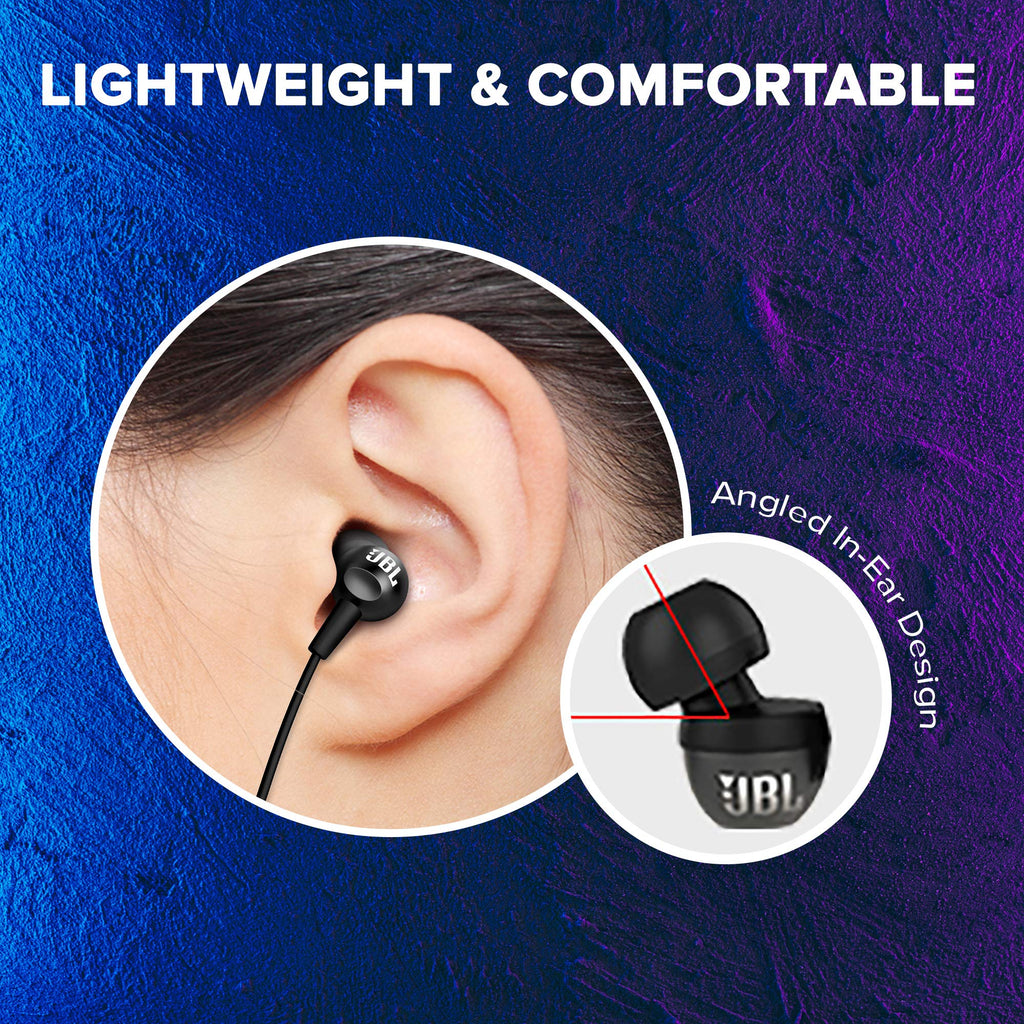 JBL C100SI Wired In Ear Headphones With Mic, Pure Bass Sound, One Button Multi-Function Remote, Premium Metallic Finish, Angled Buds For Comfort Fit (Black)