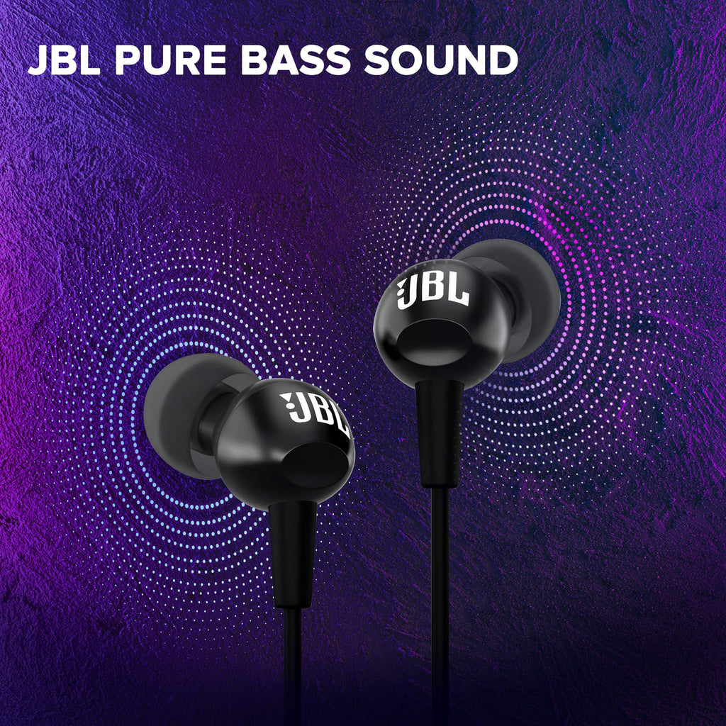 JBL C100SI Wired In Ear Headphones With Mic, Pure Bass Sound, One Button Multi-Function Remote, Premium Metallic Finish, Angled Buds For Comfort Fit (Black)