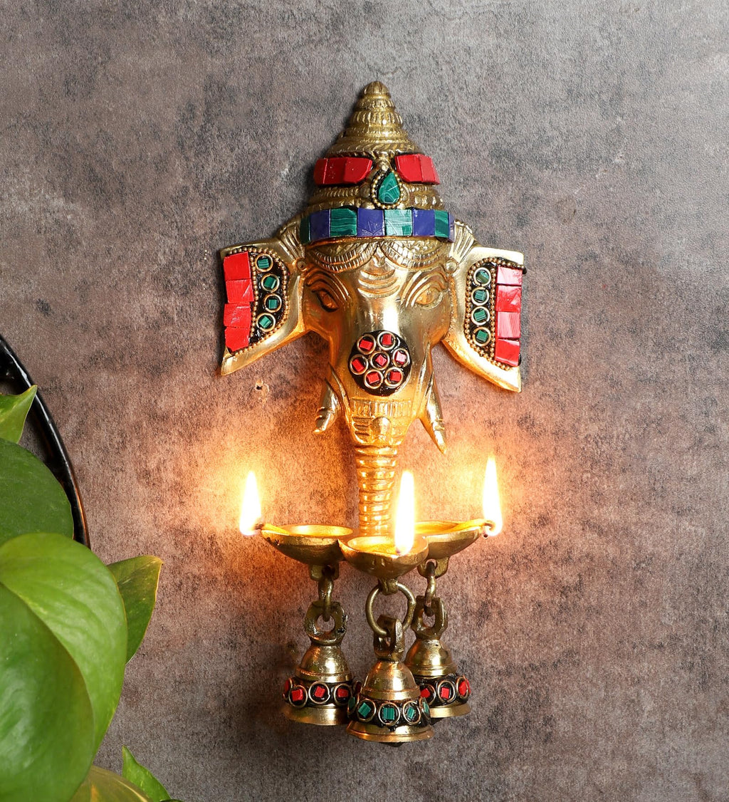 Two Moustaches Gemstone Work Brass Ganesha Wall Hanging Diya with Bells for Home Decor, Brass Hanging Diyas Oil Lamp, Diwali Gifts, Diyas for Diwali, Ghanti for Pooja, Temple Decor, Pack of 1