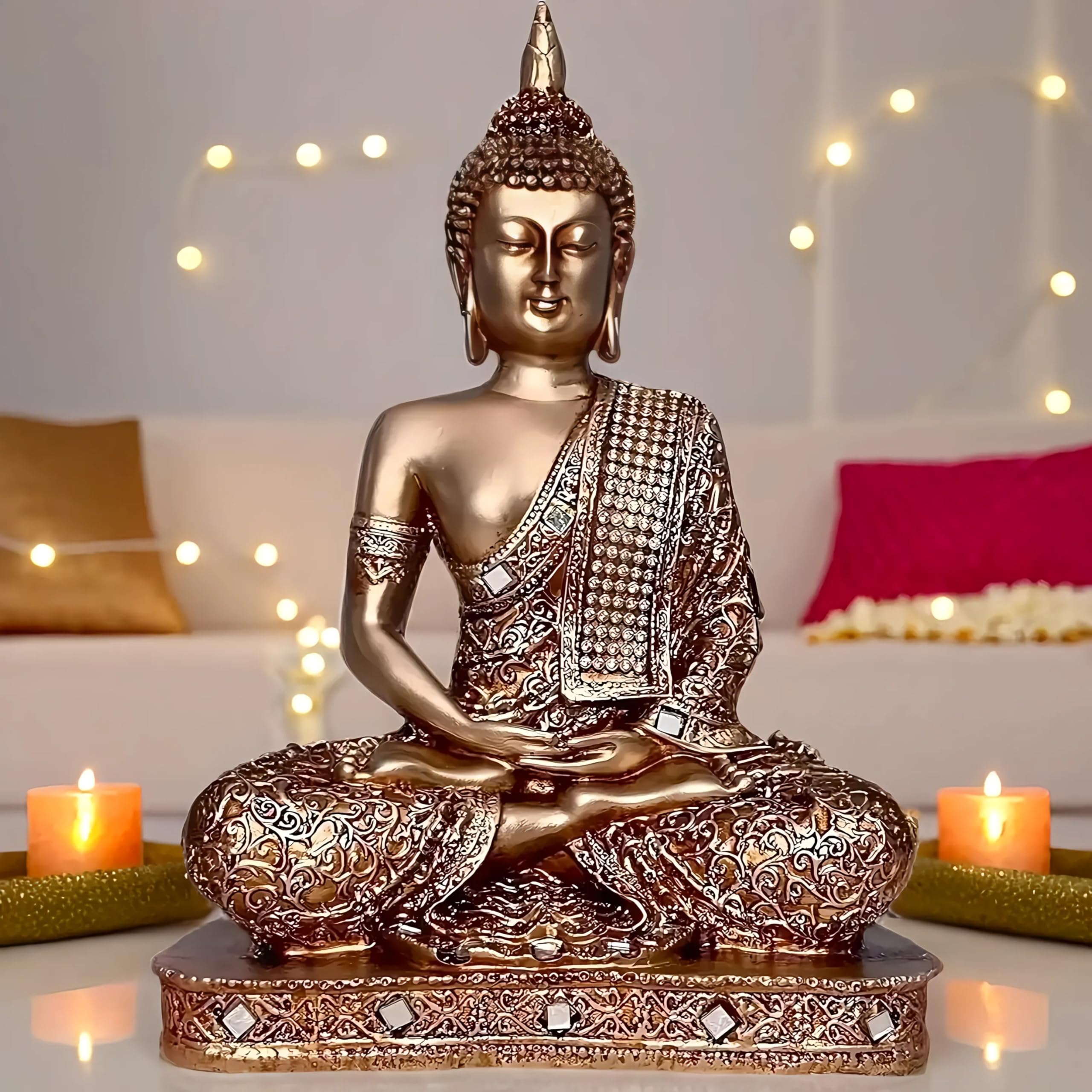 Global Grabbers New 25 Centimetre Meditating Sitting Buddha Statue showpiece Idol Home Decor Items for Living Room and Gifts (Golden2)