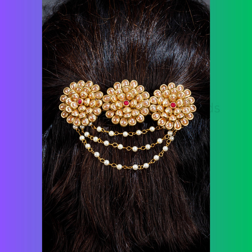 Elegant Floral Hair Clips for Women, Girls & Kids – Pearl & Gemstone Decorated Center Barrette, Lotus Design, Decorative Hair Accessories, Indian Ethnic Hair Jewelry, Gift for Women (Gold)