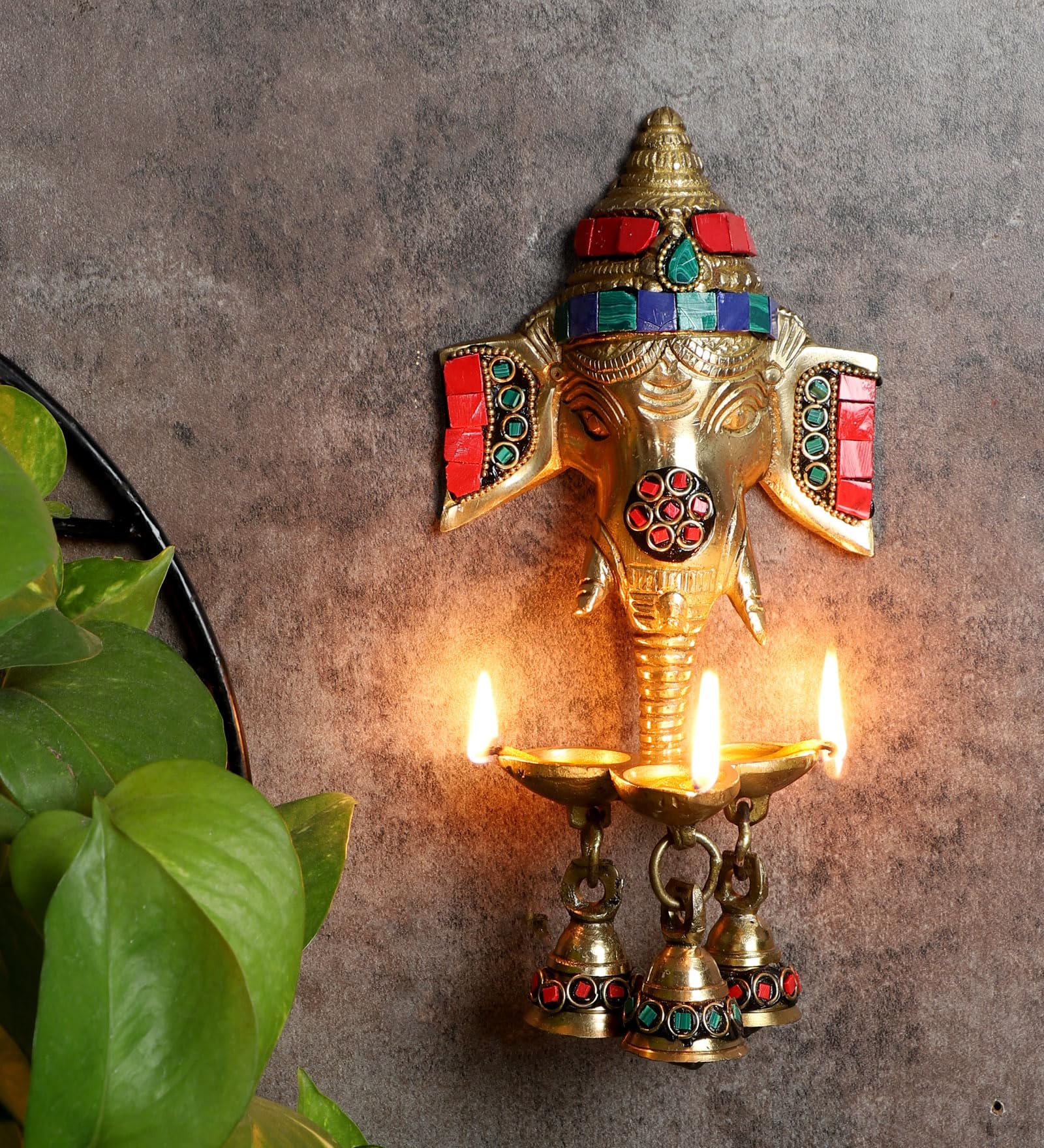 Two Moustaches Gemstone Work Brass Ganesha Wall Hanging Diya with Bells for Home Decor, Brass Hanging Diyas Oil Lamp, Diwali Gifts, Diyas for Diwali, Ghanti for Pooja, Temple Decor, Pack of 1