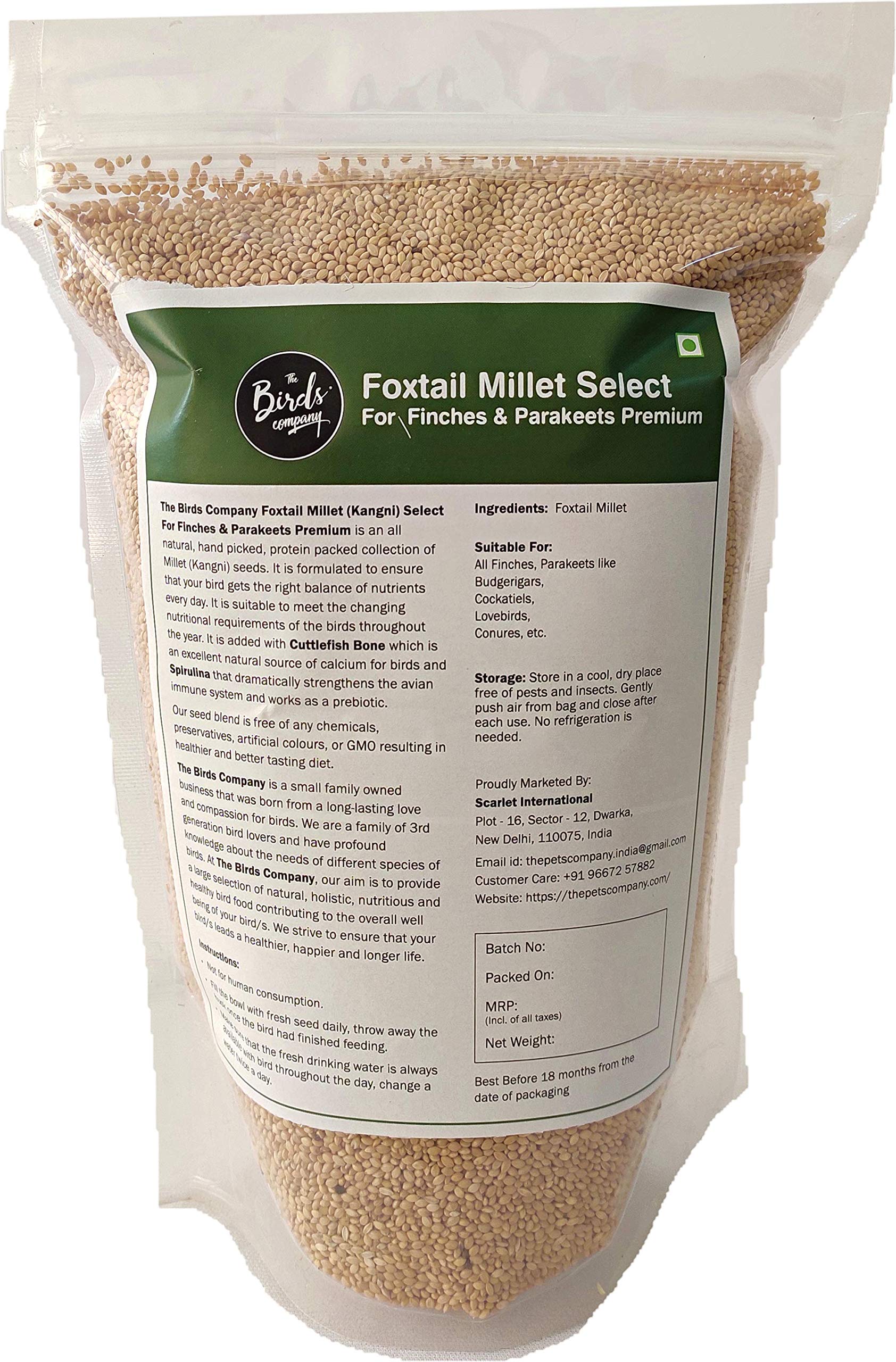 The Birds Company Foxtail Millet (Kangni), Bird Food for All Life Stages Canary, Finches, Waxbills, Budgies, Lovebirds, Cockatiels, Parrots & Parakeets, 450 g