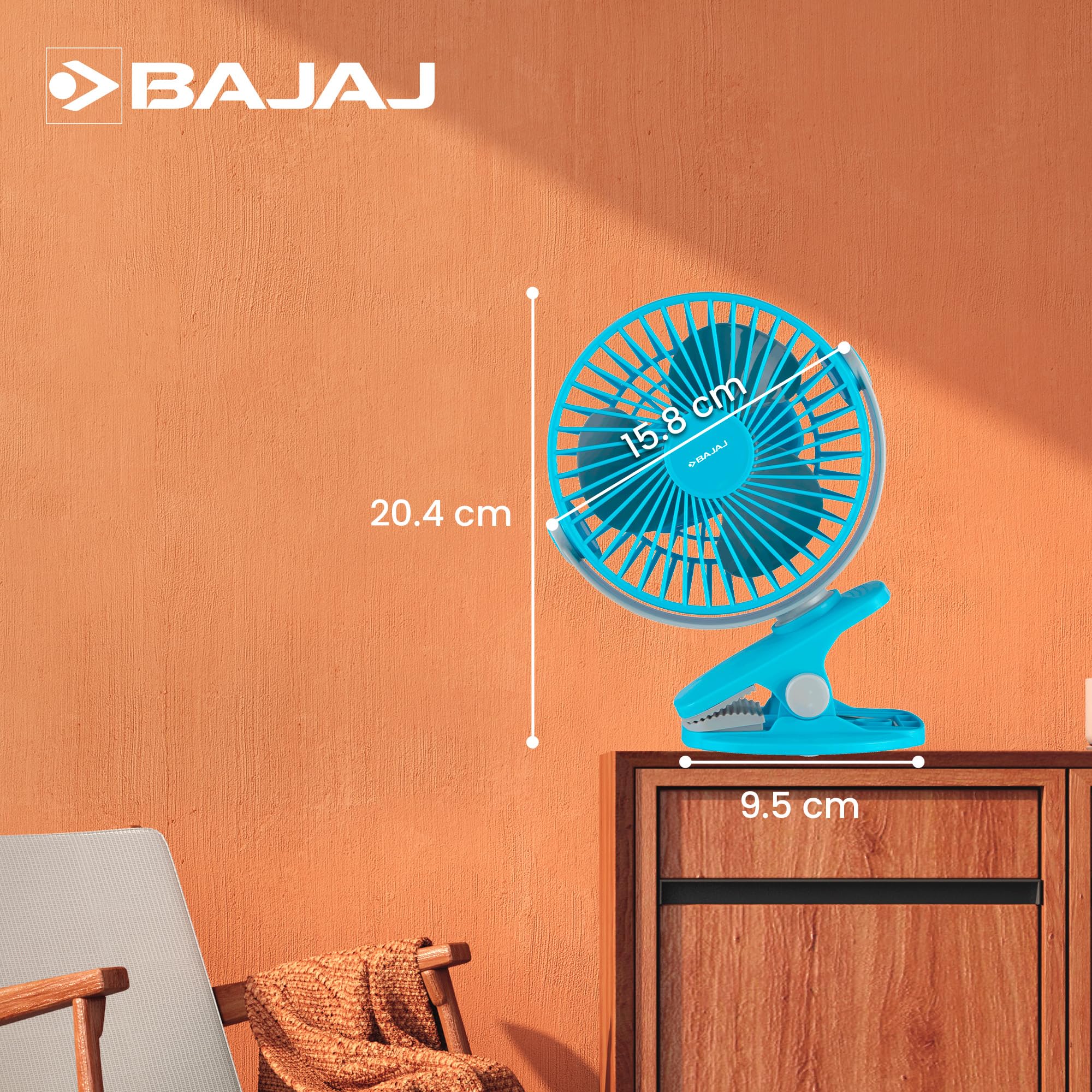 Bajaj Pygmy Mini Fan 110MM | USB Charging | Multi-Clip Function | Rechargeable | 4-Hr Back-up | Silent Operation | Longer Battery Life | Energy Efficient | Portable 【Blue】