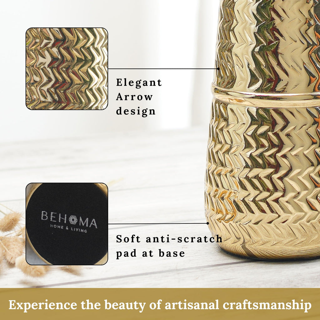 BEHOMA Arrow Engrave Metal Cylindrical Vase for Home Décor | Table Flower Pot for Valentine’s Day, Couple Gift for Wedding Anniversary, Birthday Decoration | 9.2" Golden, 1Pc (Flower not Included)