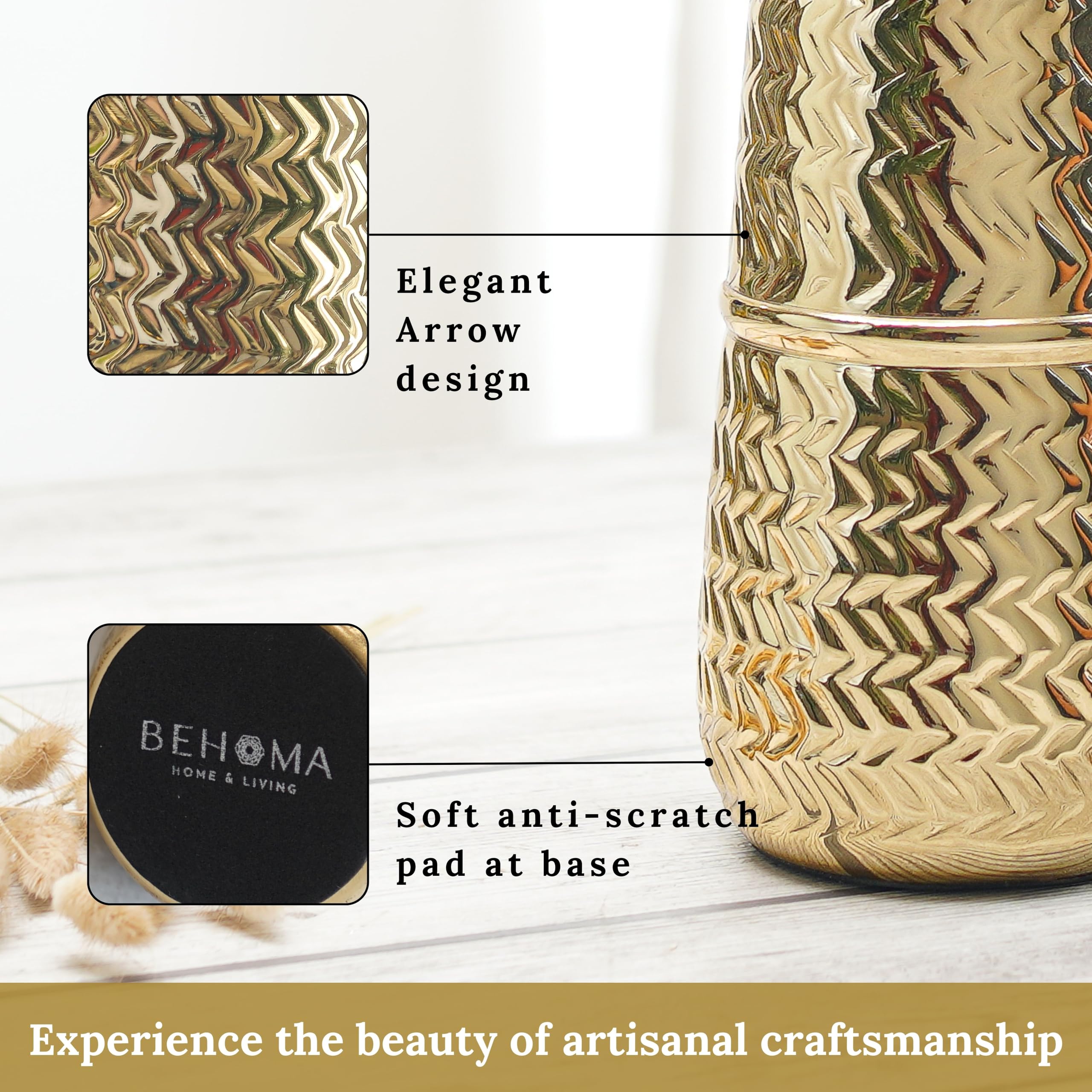 BEHOMA Arrow Engrave Metal Cylindrical Vase for Home Décor | Table Flower Pot for Valentine’s Day, Couple Gift for Wedding Anniversary, Birthday Decoration | 9.2" Golden, 1Pc (Flower not Included)