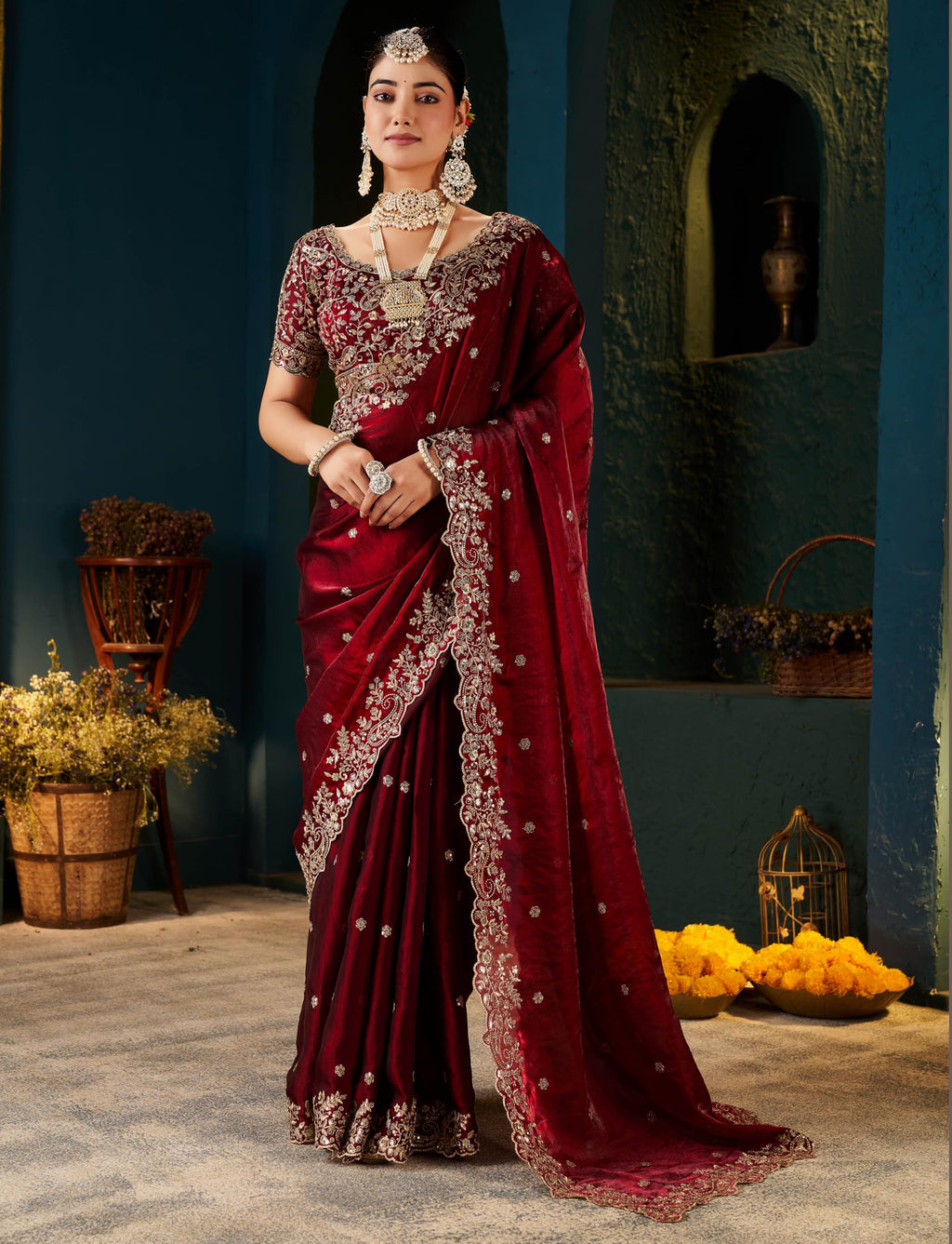 Women's Silk Saree with Embroidered Blouse Piece, Traditional Parte Wear with Gold Border and Hand Work Lace Embellished, Solid/Plain, Applique, Woven, Bollywood Jimmy Jimmy, Satin Saree (Maroon)