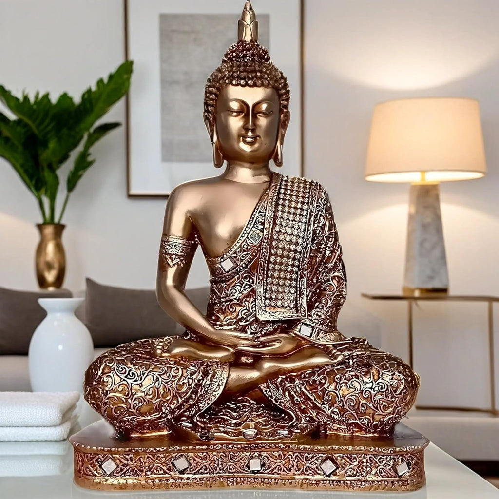 Global Grabbers New 25 Centimetre Meditating Sitting Buddha Statue showpiece Idol Home Decor Items for Living Room and Gifts (Golden2)