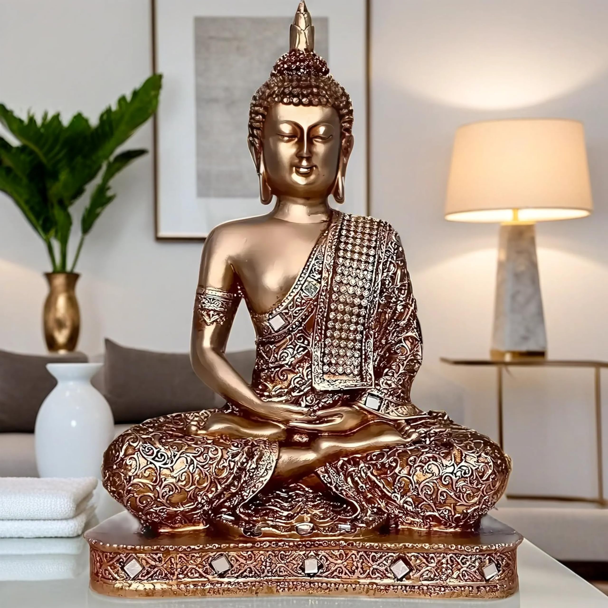 Global Grabbers New 25 Centimetre Meditating Sitting Buddha Statue showpiece Idol Home Decor Items for Living Room and Gifts (Golden2)