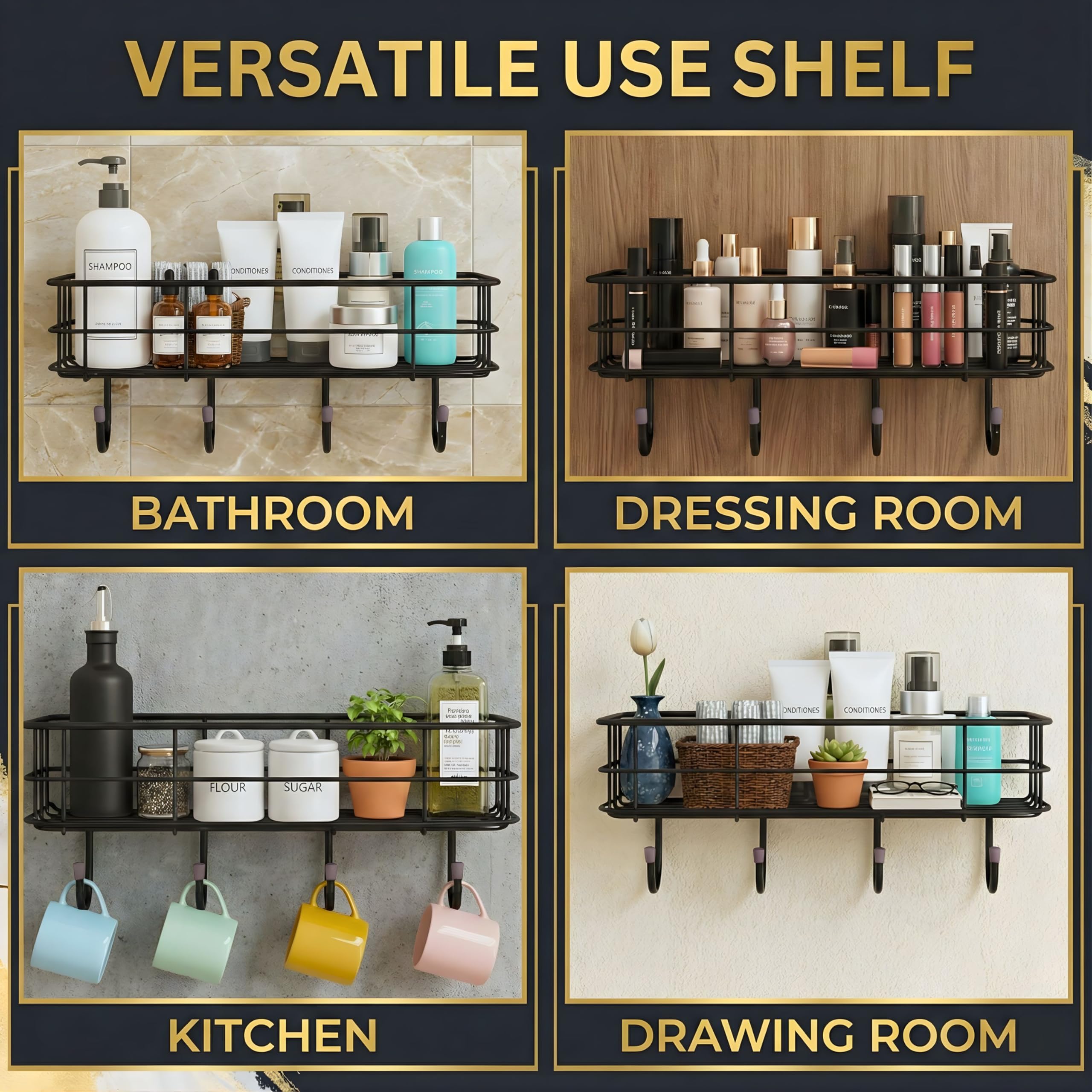GLOXY Premium Black Metal Self-Adhesive Bathroom Organiser Without Drilling - Multipurpose Wall Mounted Shampoo Holder Bathroom Shower Caddy with 4 Hooks - Pack of 1